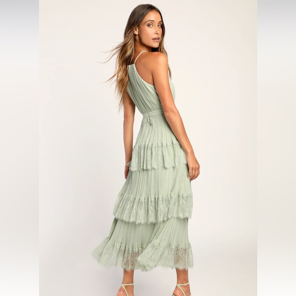 Lulu's Sage Green Tiered Pleated Midi Dress currently sold out in this size - Picture 5 of 9